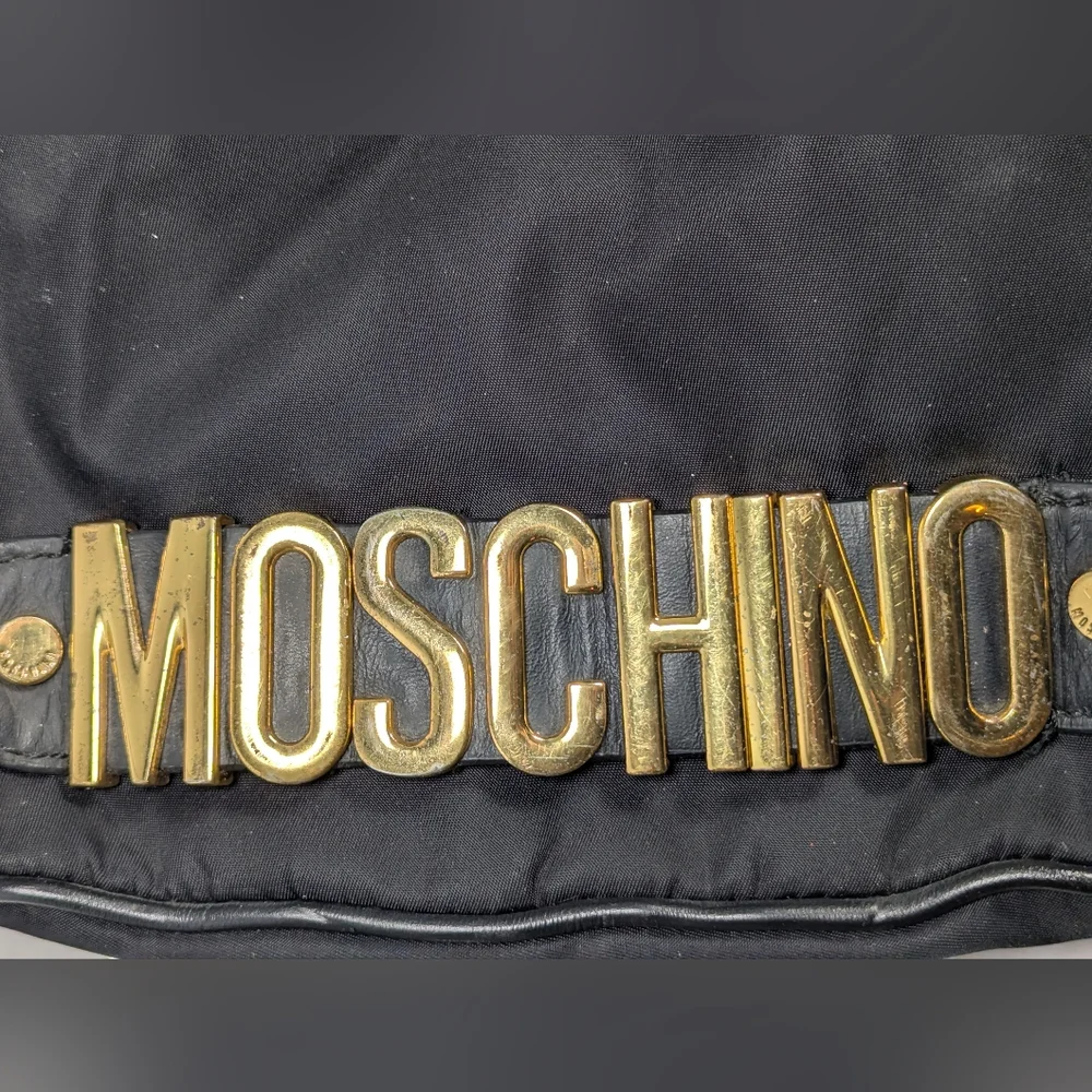 MOSCHINO Black Nylon Leather Trim Backpack Gold-tone Logo
